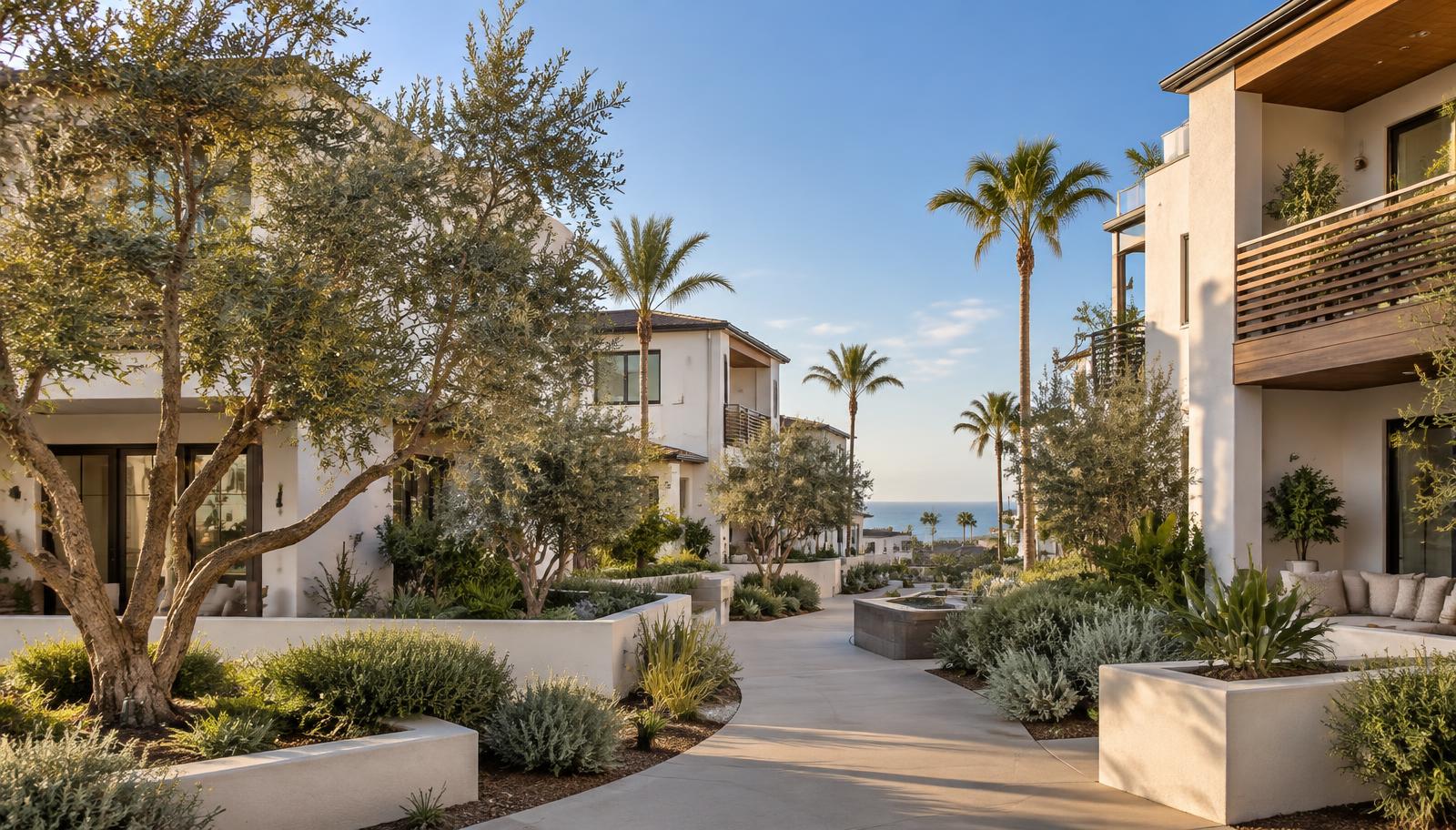 Contemporary low-rise Orange County townhomes with coastal landscaping and private balconies