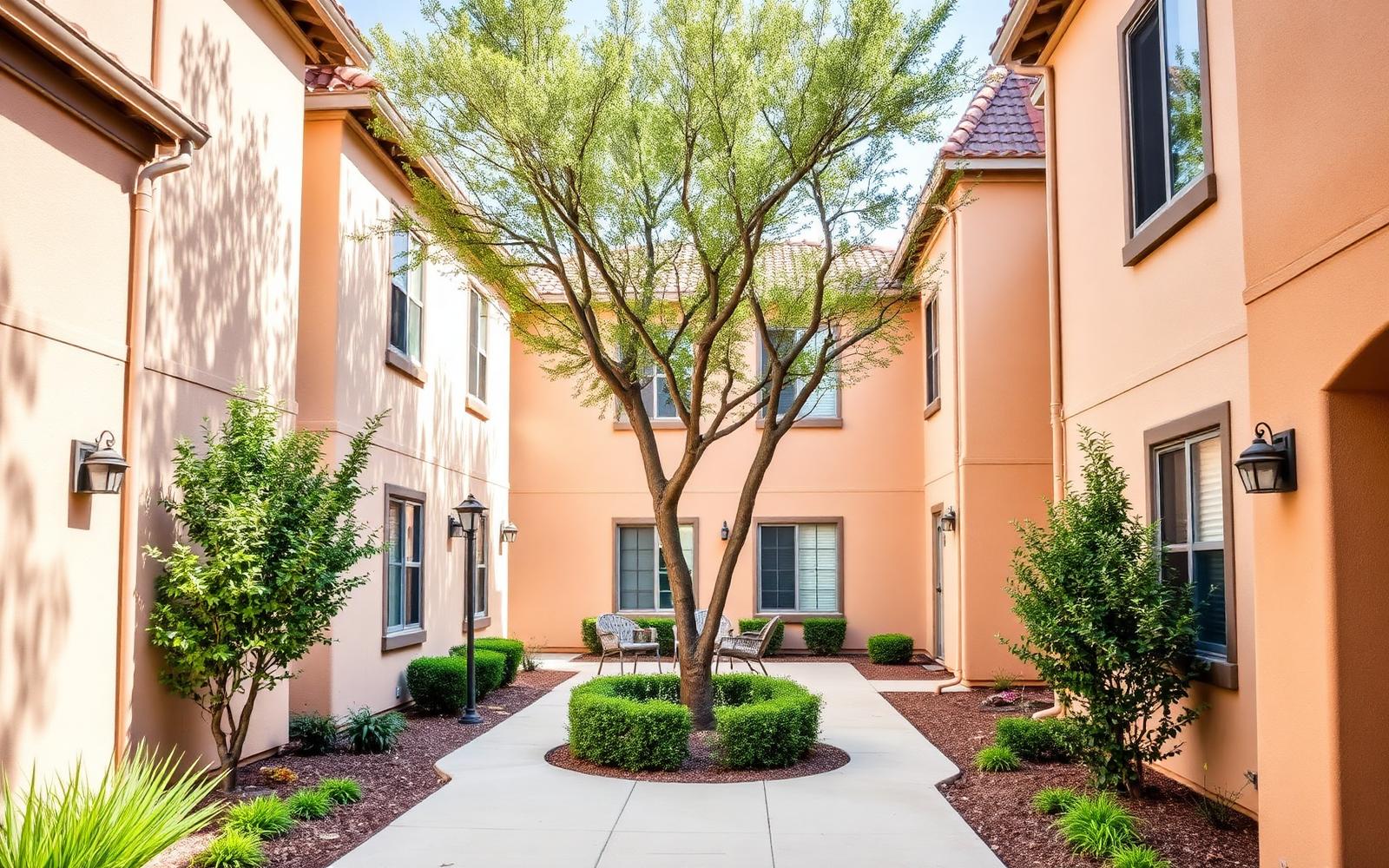 Landscaped courtyard in a quiet Orange County townhouse community on a sunny afternoon