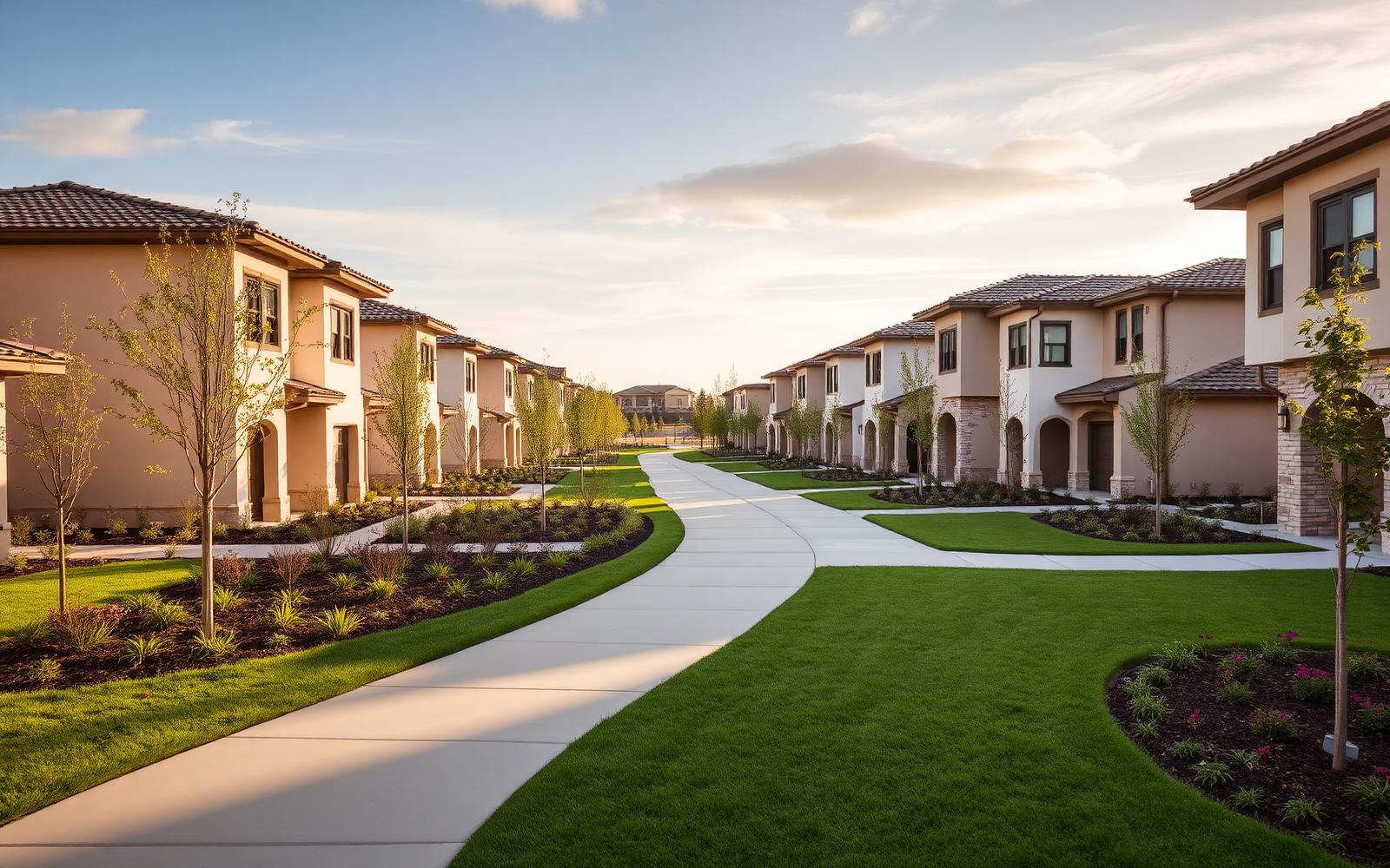 Newer master-planned Orange County neighborhood with paseo walkways, landscaping and modern detached homes