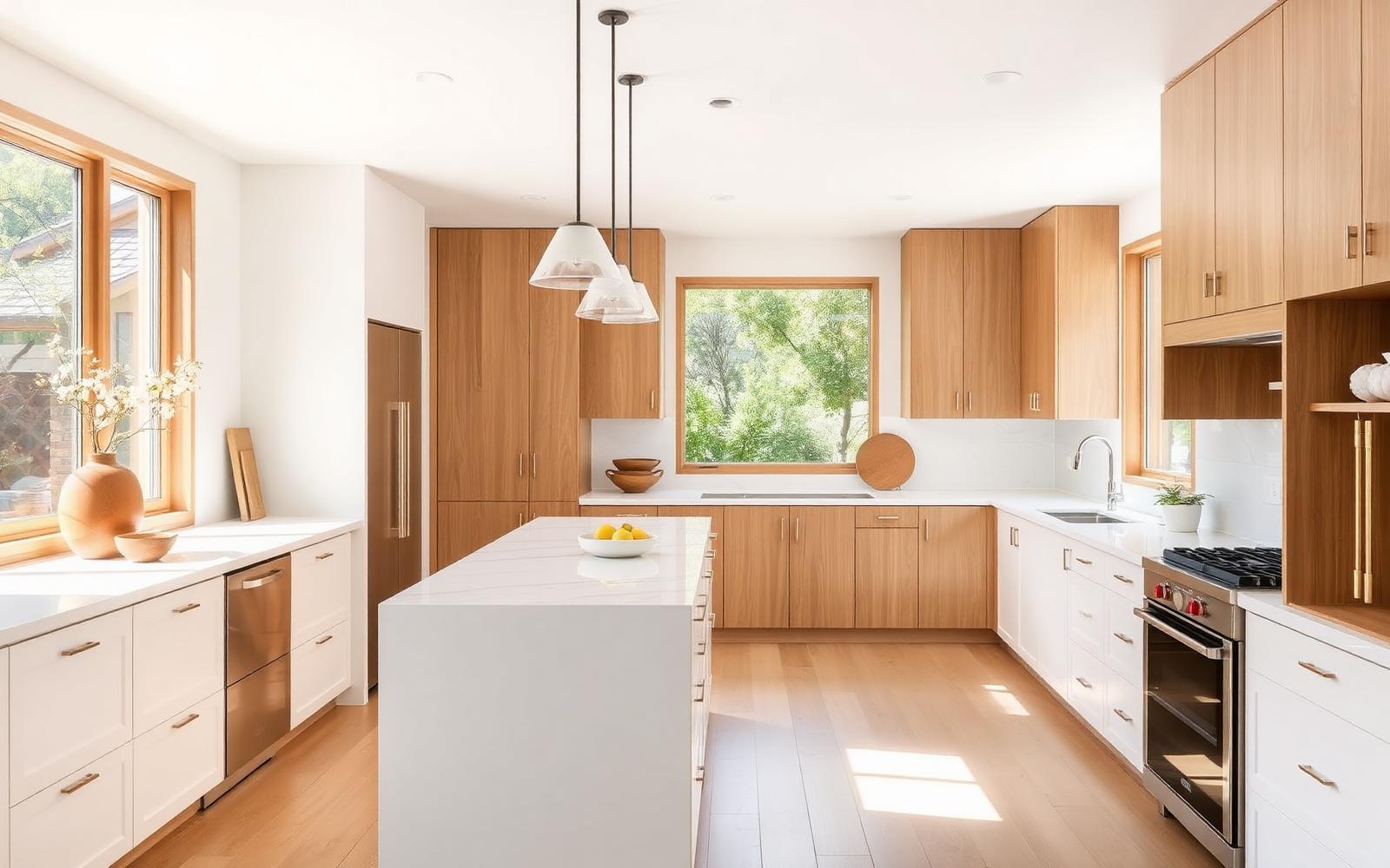 Bright white and warm oak kitchen with a quartz island in a Southern California home