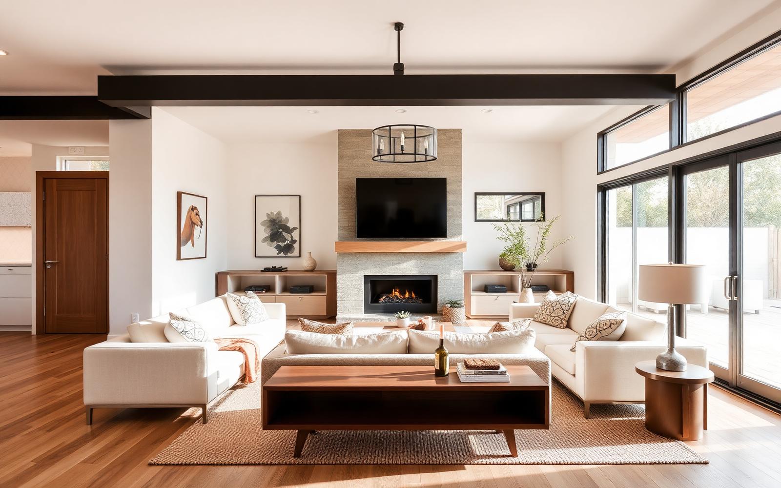 Updated and approachable living room with light oak floors, cream sofa and large sunlit windows