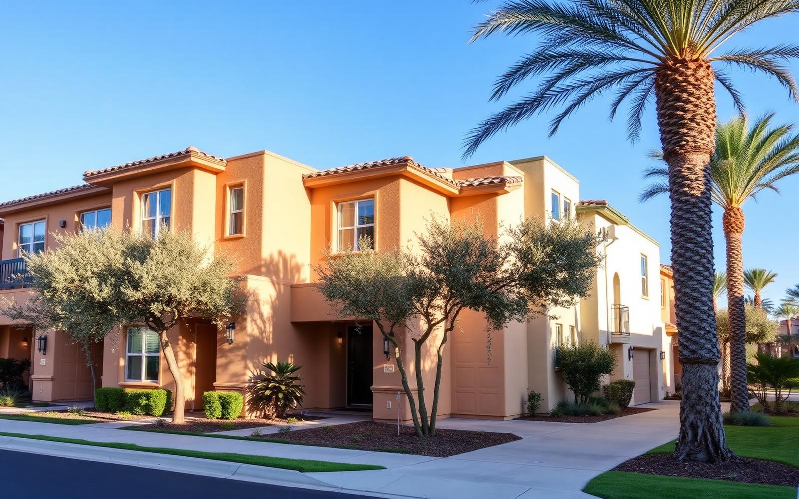 Contemporary Orange County townhome exteriors with warm stucco and mature landscaping