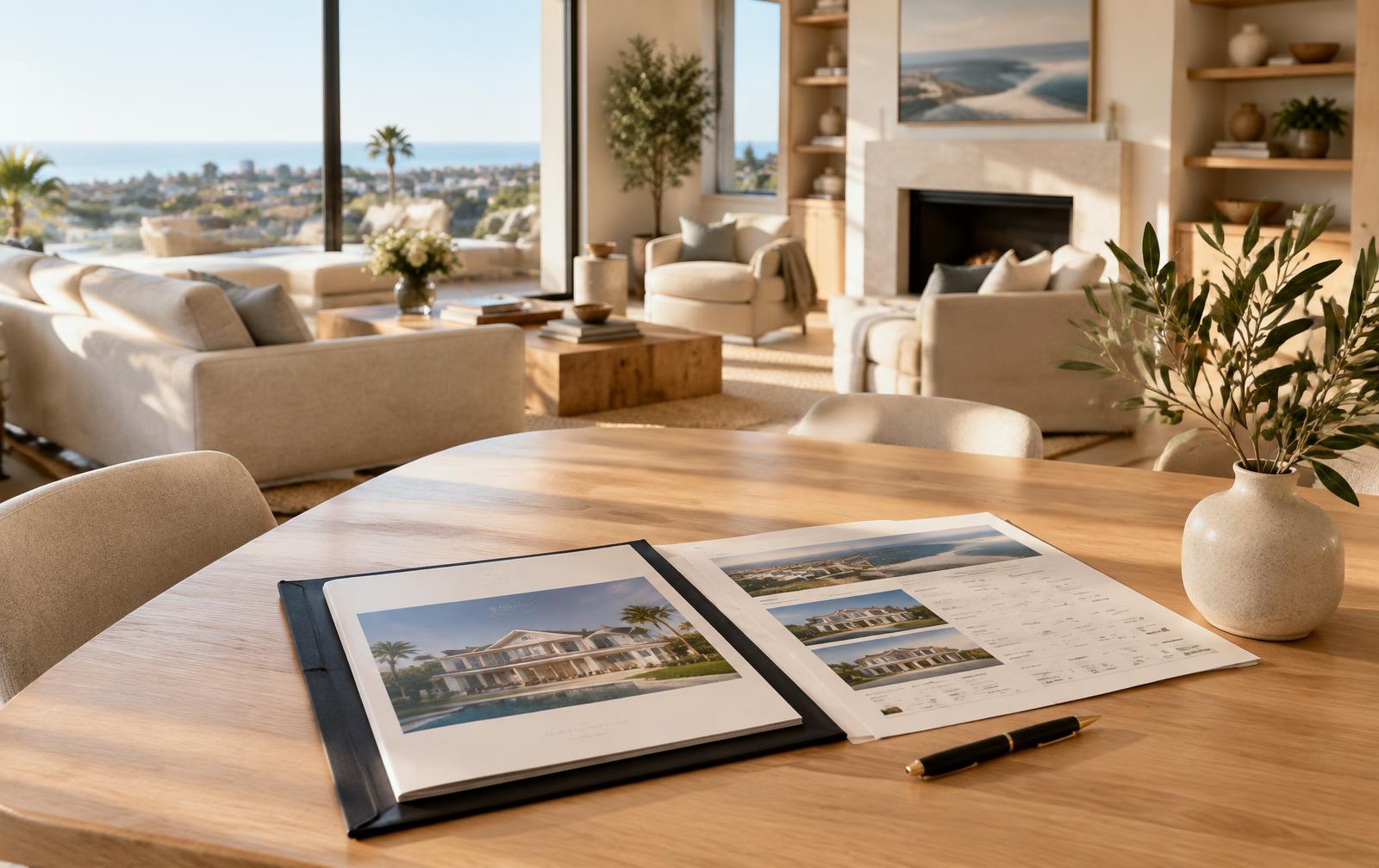 Listing presentation and comparable sales pages on an oak dining table in a sunlit Orange County home