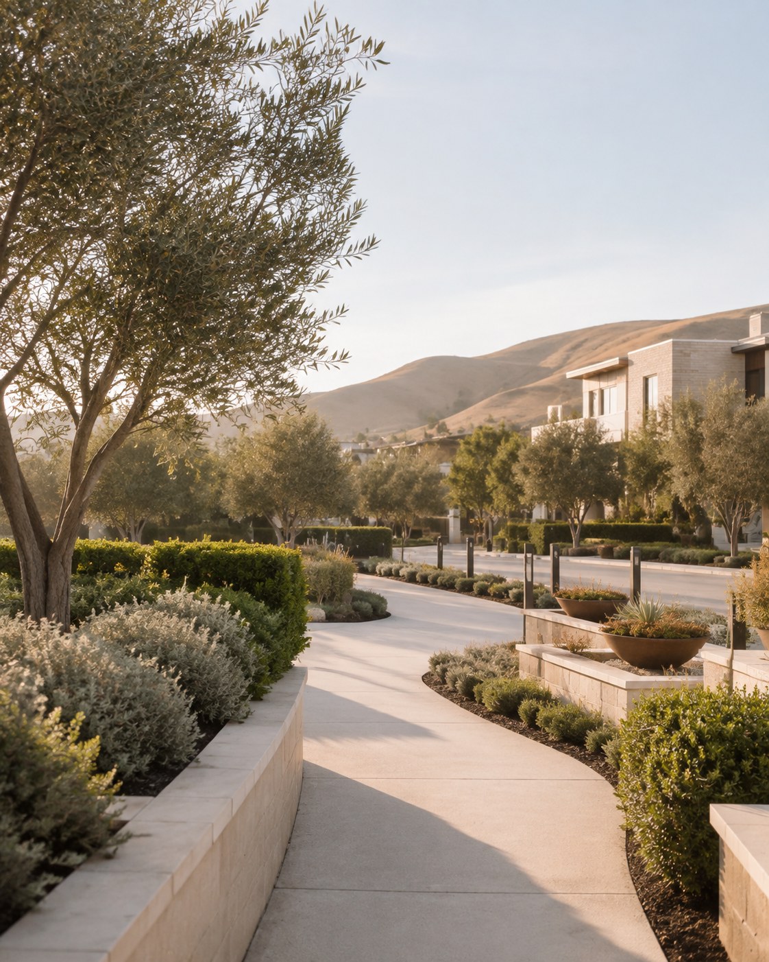 Irvine neighborhood park with walking trails and Mediterranean homes