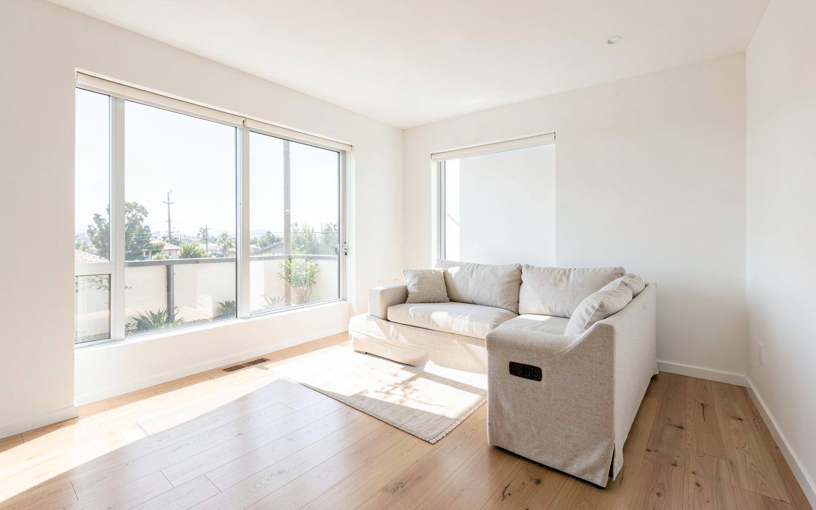 Bright, airy condo living room with light oak floors, white walls and large sunlit windows