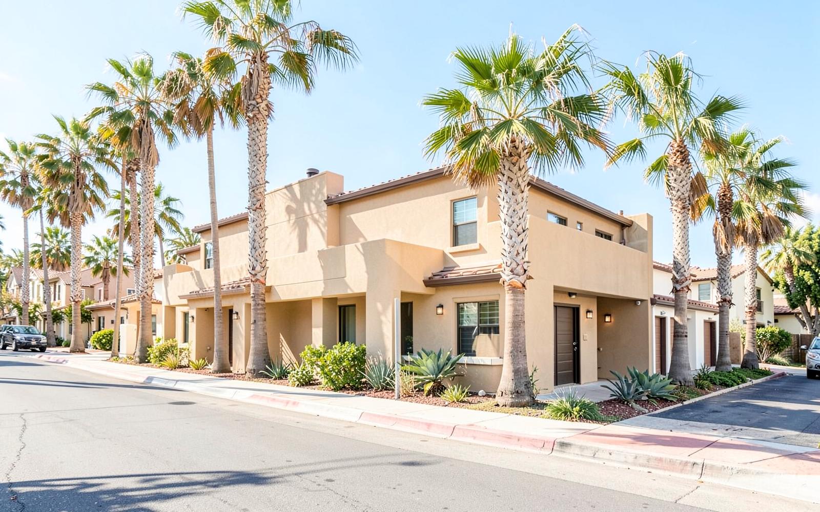 Modern Orange County townhomes on a palm-lined residential street in bright afternoon light