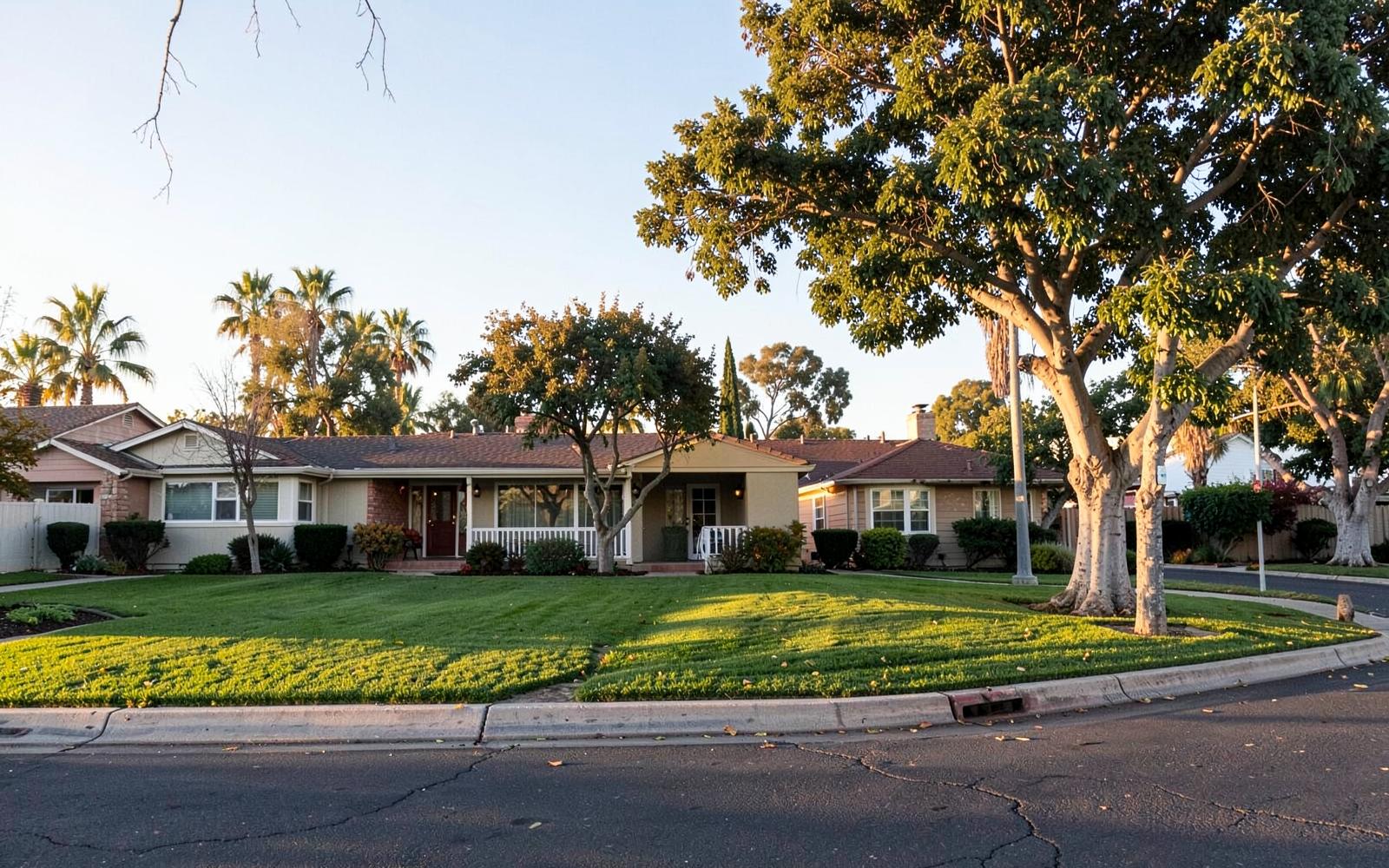 Established Orange County single-family neighborhood with mature trees and green front lawns