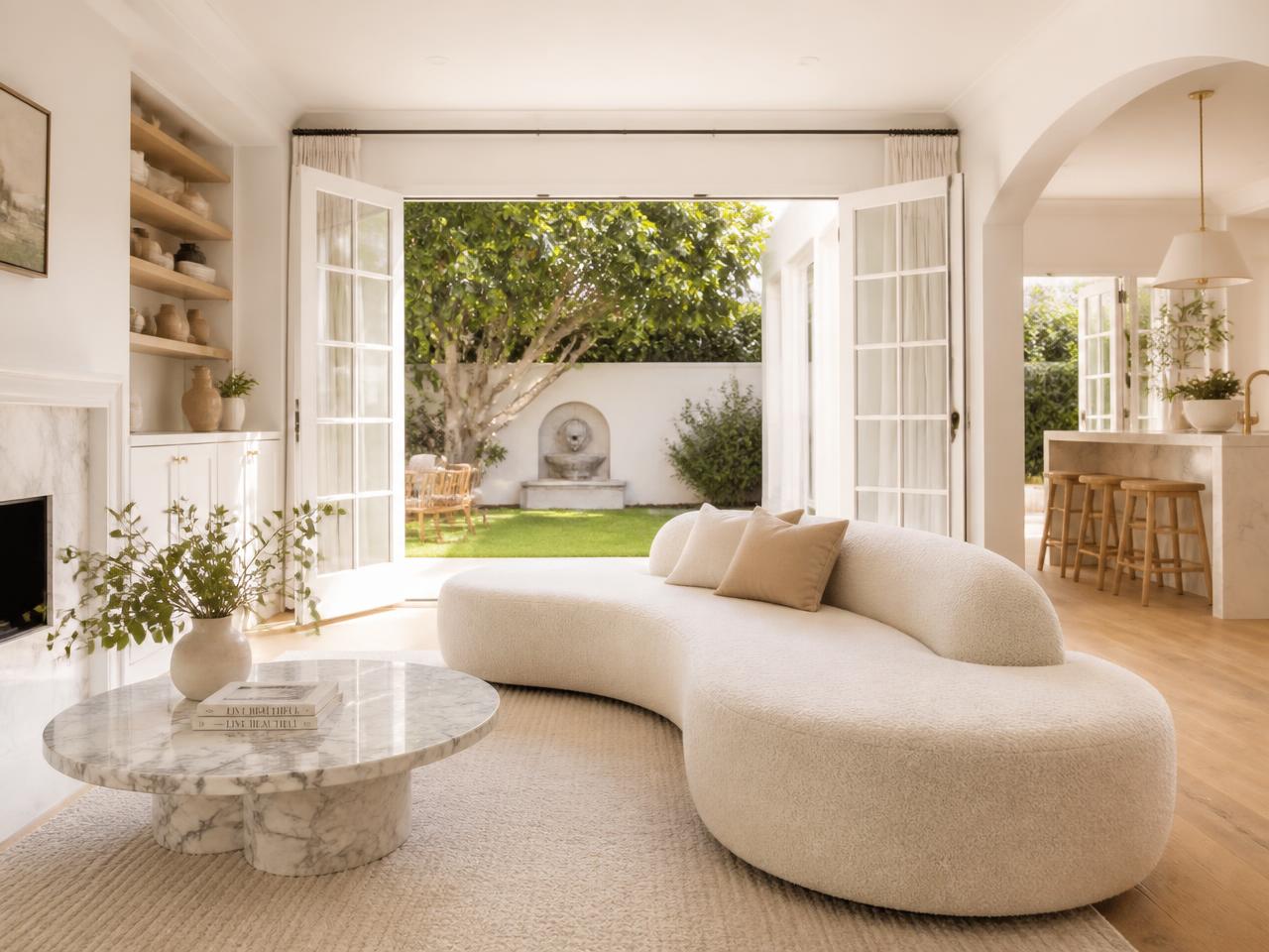 Bright airy Orange County living room with open doors and warm sunlight