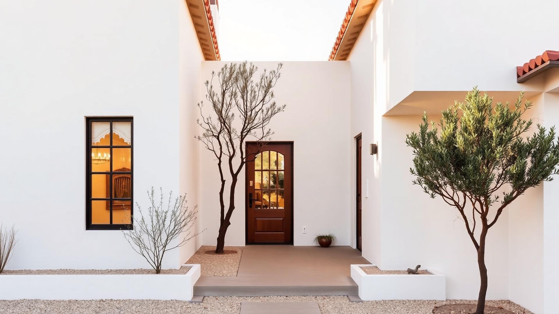 Bright architectural Orange County home entry courtyard
