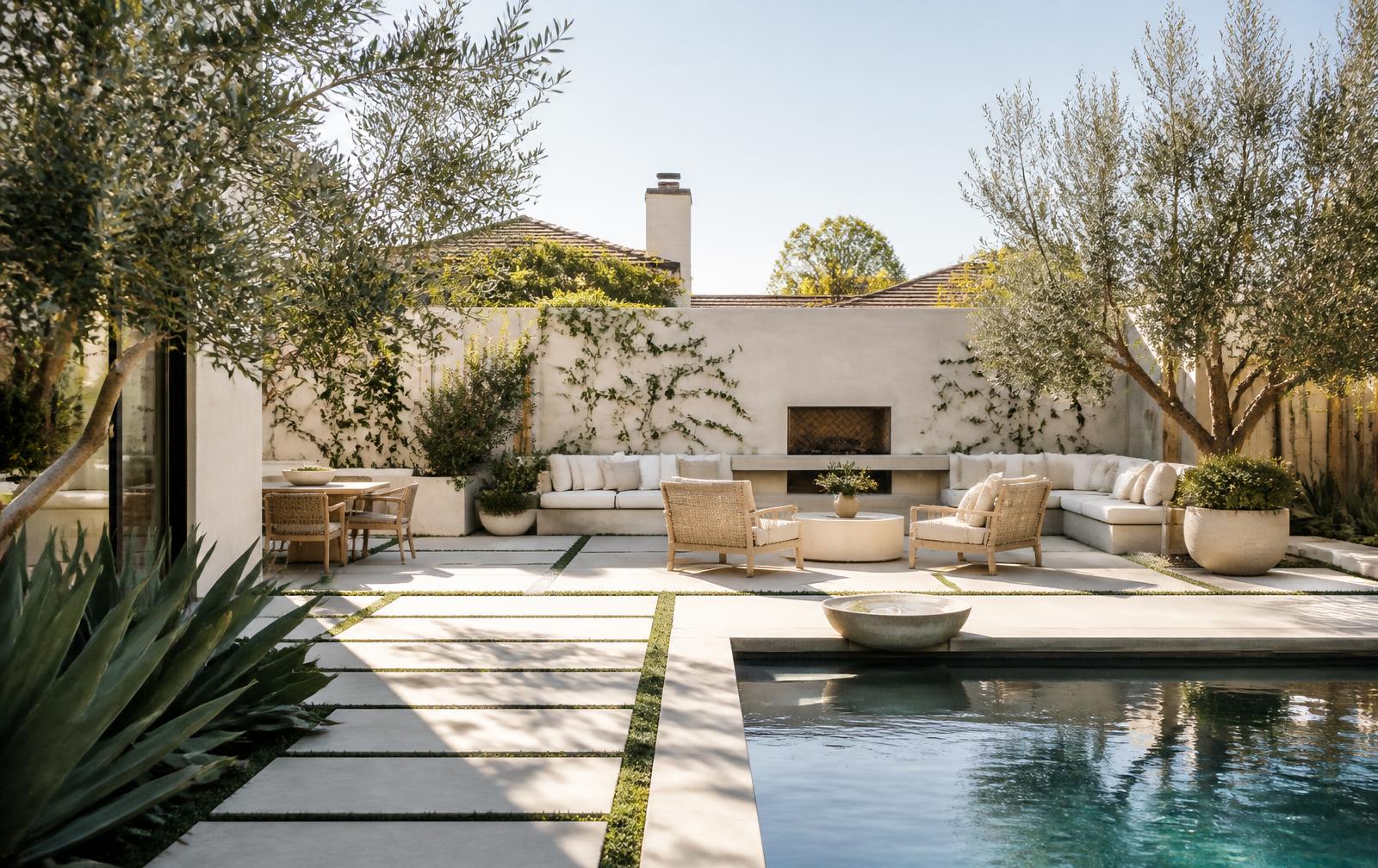 Modern Southern California backyard with pool, olive trees, concrete pavers and neutral outdoor seating