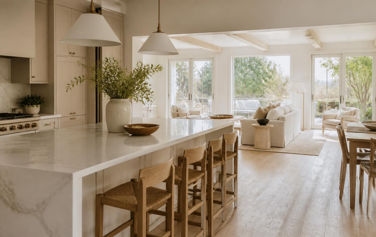 Warm neutral Southern California kitchen with quartz island, cream cabinetry and light oak floors opening to a living room