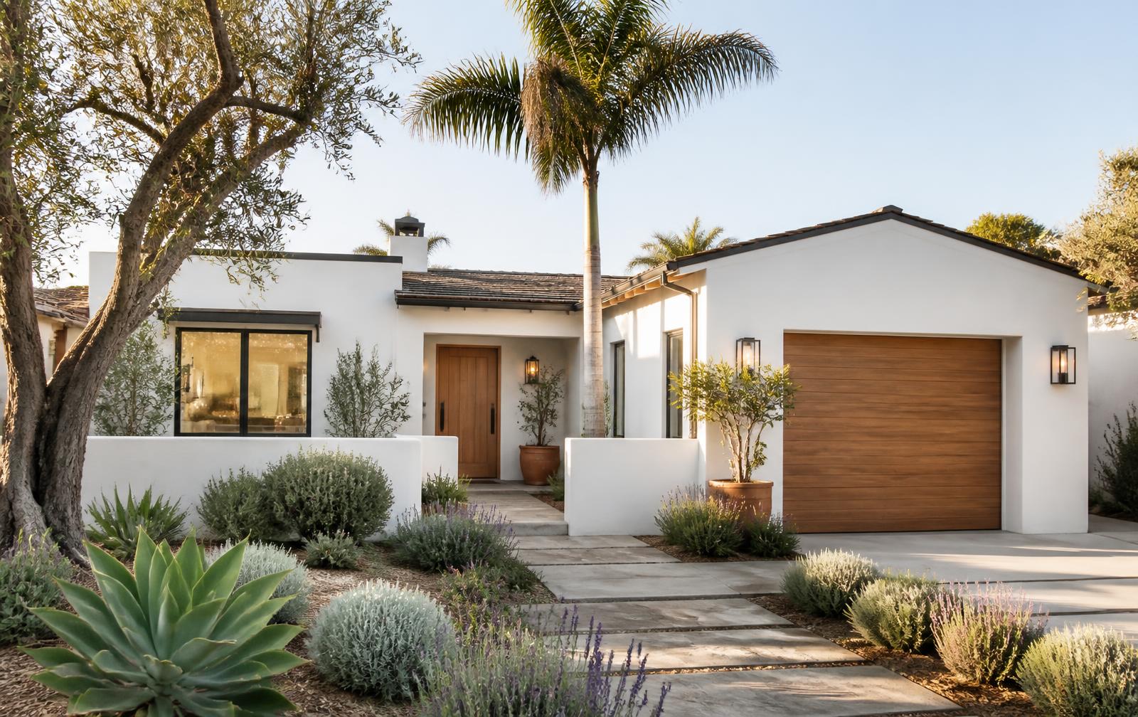 Southern California home exterior with white stucco, wood garage door and drought-tolerant landscaping in warm late-afternoon light