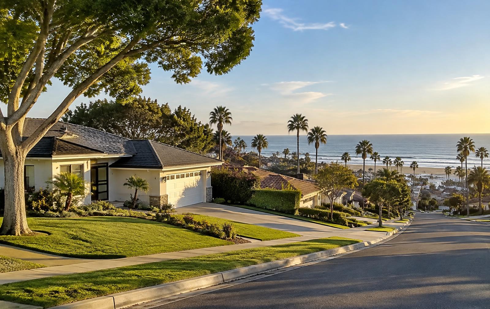 Established Orange County suburban homes overlooking the Huntington Beach coastline at sunset