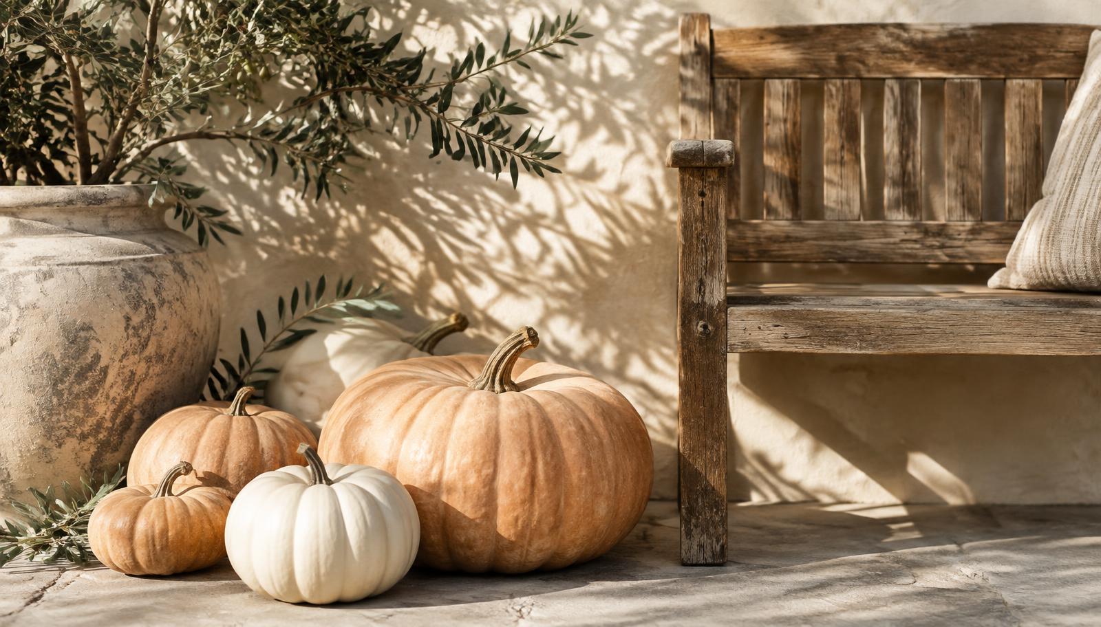 Muted pumpkins and olive branches in a sunlit California-style autumn still life; editorial seasonal imagery, not an event photograph
