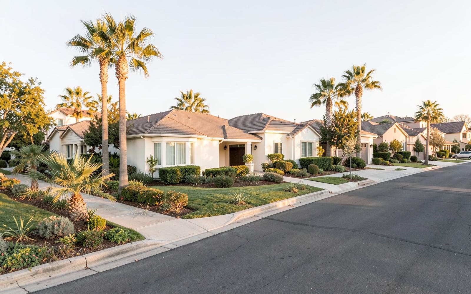 Established Orange County neighborhood street with single-family homes, palm trees and manicured front yards in warm afternoon light