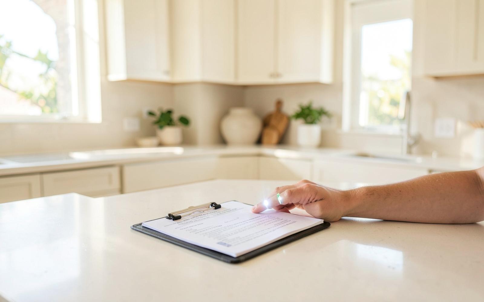 Home inspection paperwork on a bright kitchen counter in a Southern California home