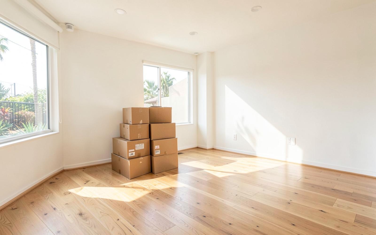 Moving boxes stacked in a bright empty living room with oak floors and large windows