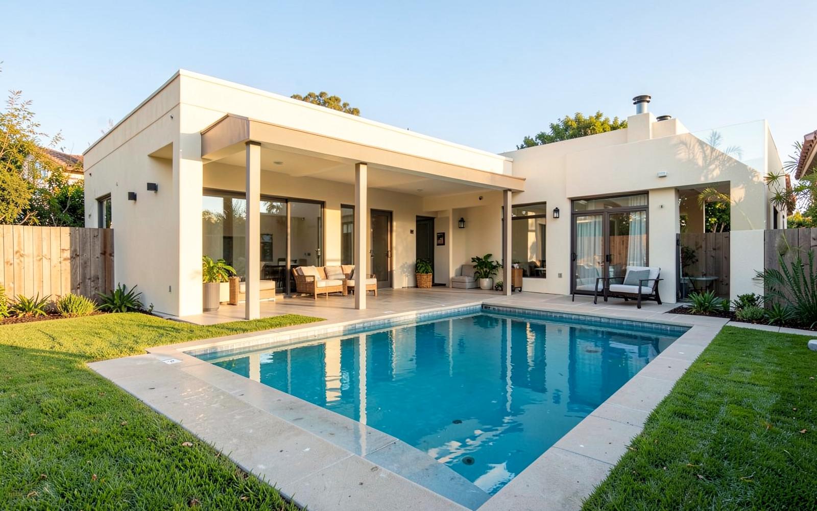 Backyard swimming pool and covered patio at a cream stucco Orange County home
