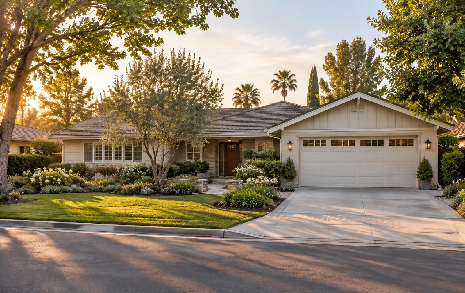 Well-kept single-story Orange County home on a tree-lined street at golden hour