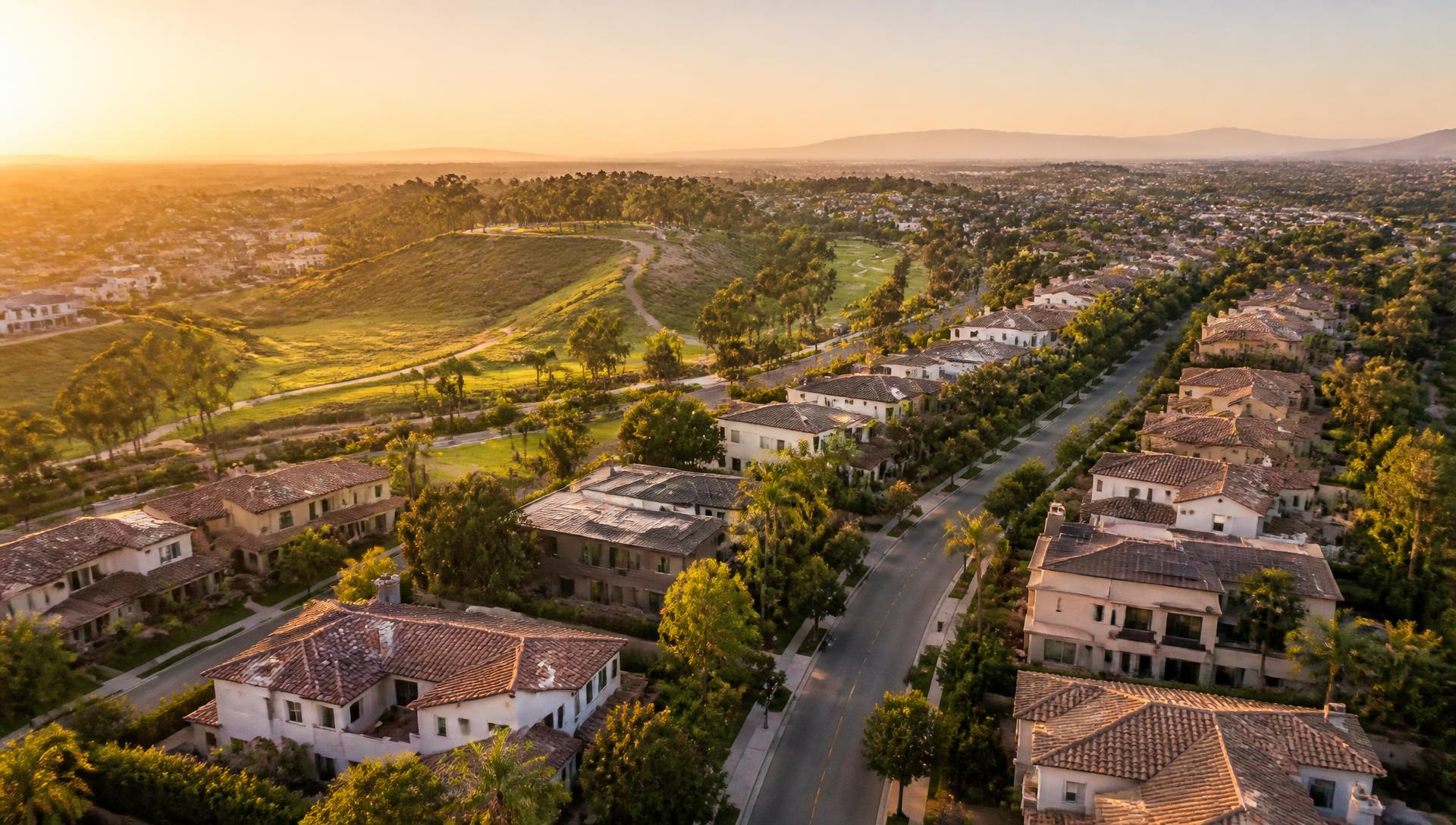 Aerial view of tree-lined Irvine neighborhoods with preserved open space at golden hour