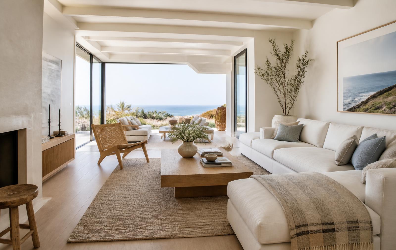 Bright, light-filled Southern California living room with white oak floors and ocean view