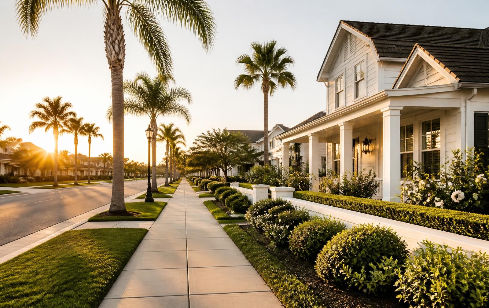 Tree-lined Orange County residential street with single-family homes at golden hour