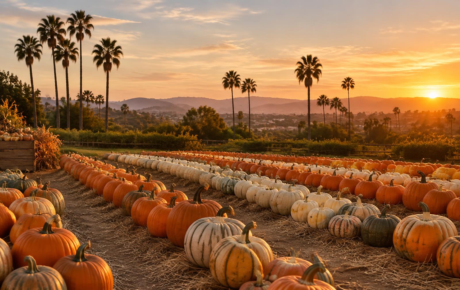 Southern California pumpkin field at golden hour with palm trees and soft hills