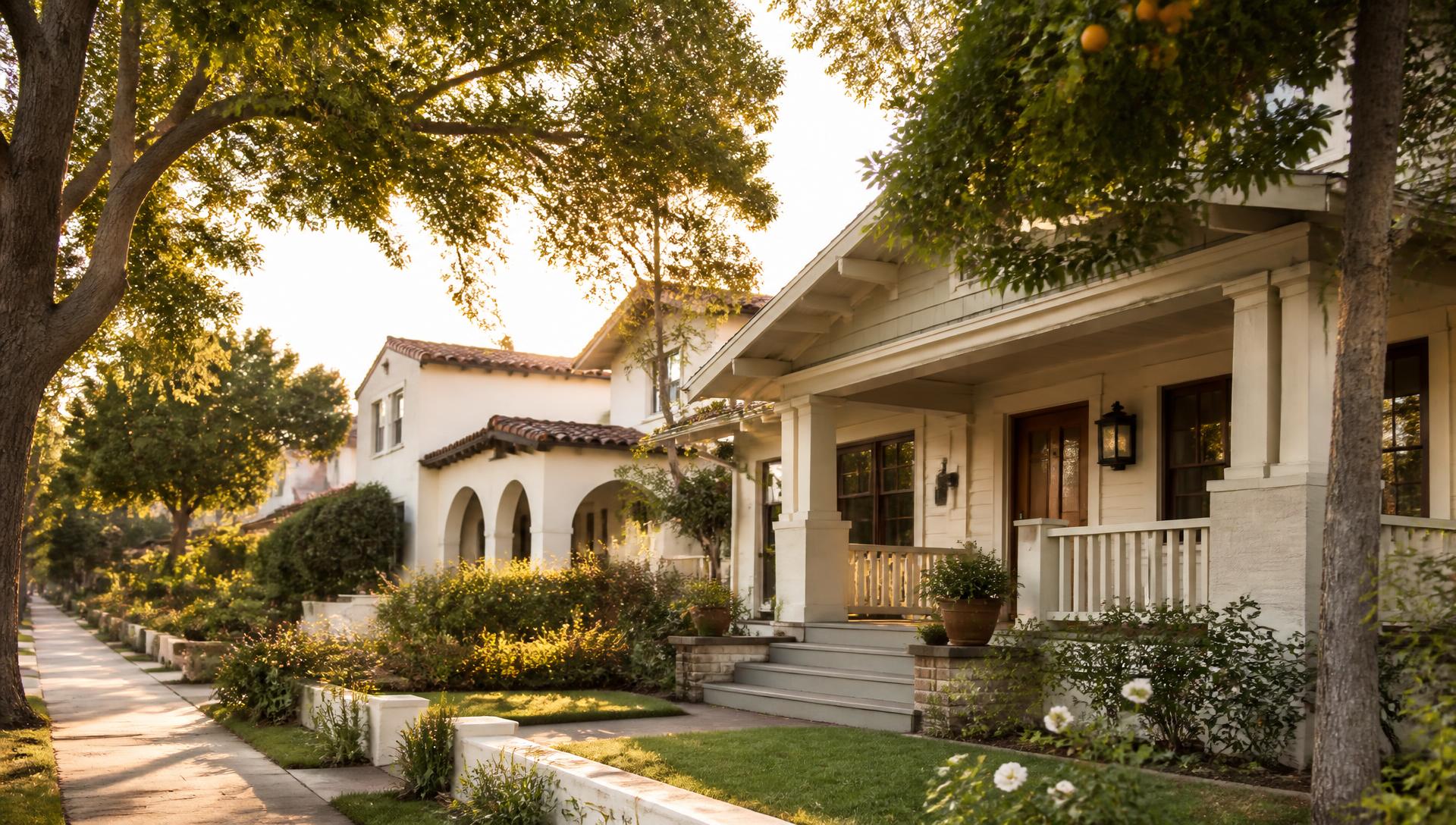 Historic Old Towne Orange residential street with craftsman homes and mature trees at golden hour