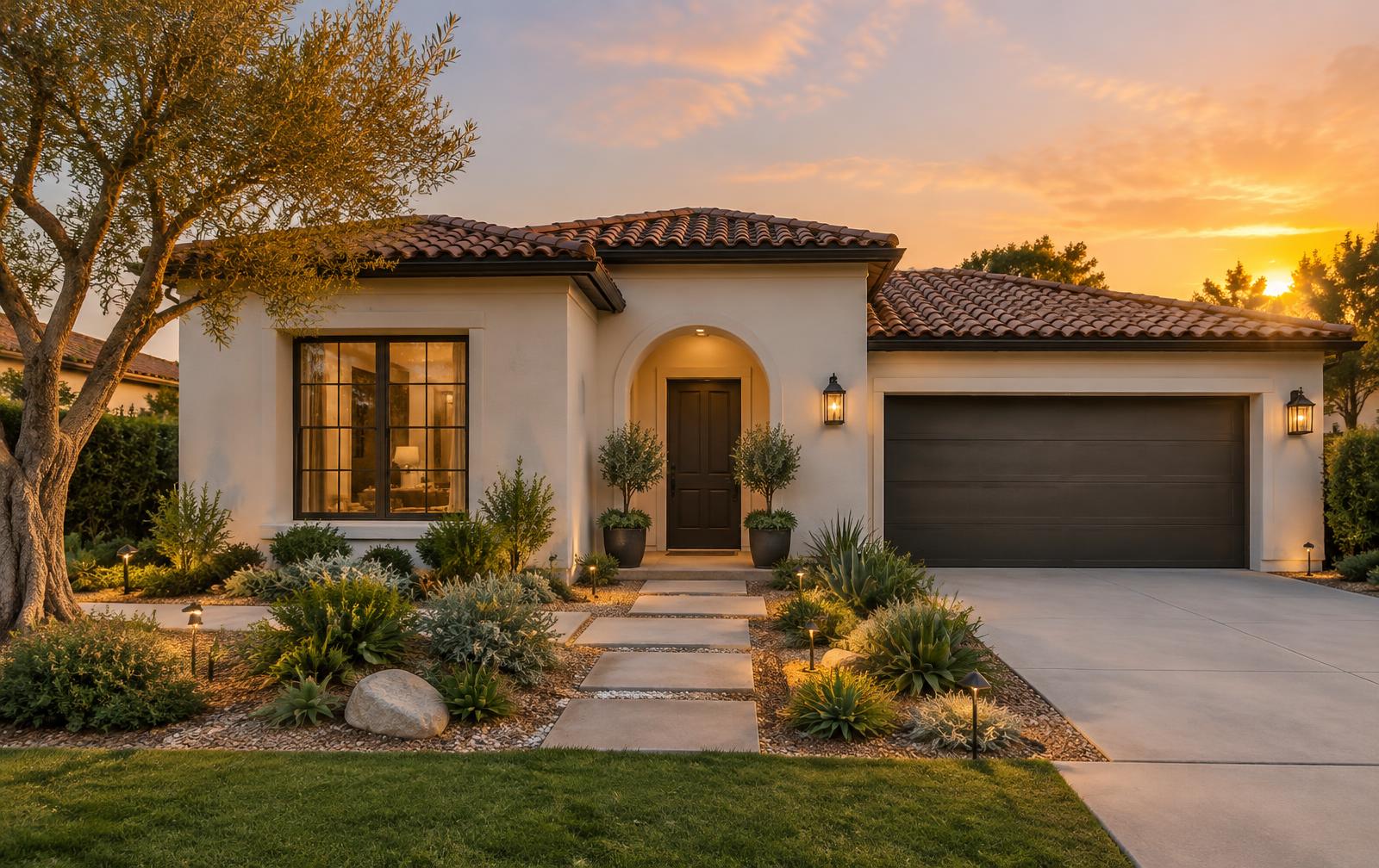 Well-maintained Orange County home exterior at golden hour with tidy landscaping before listing
