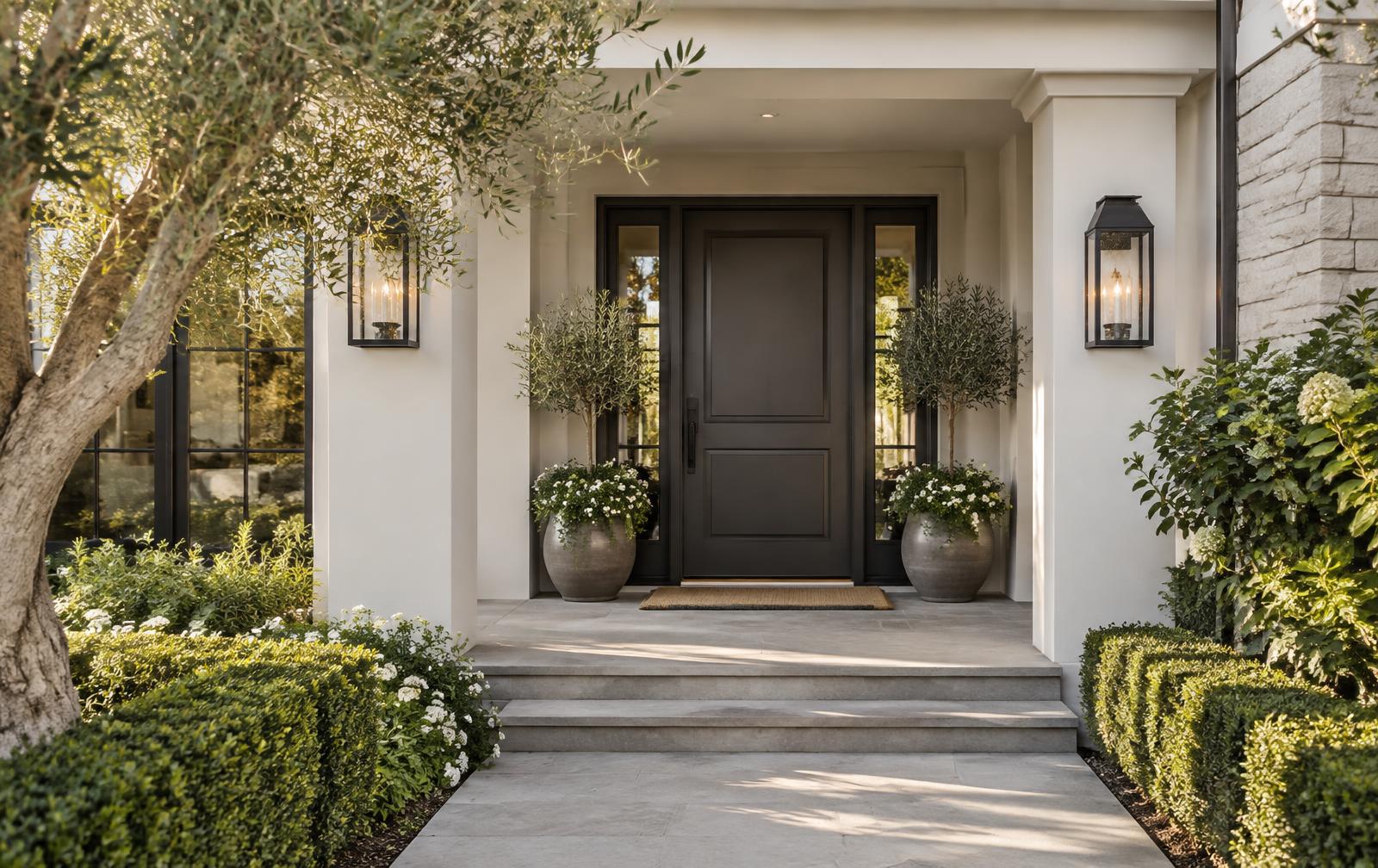 Tidy front entry of an Orange County home with clean porch and trimmed landscaping