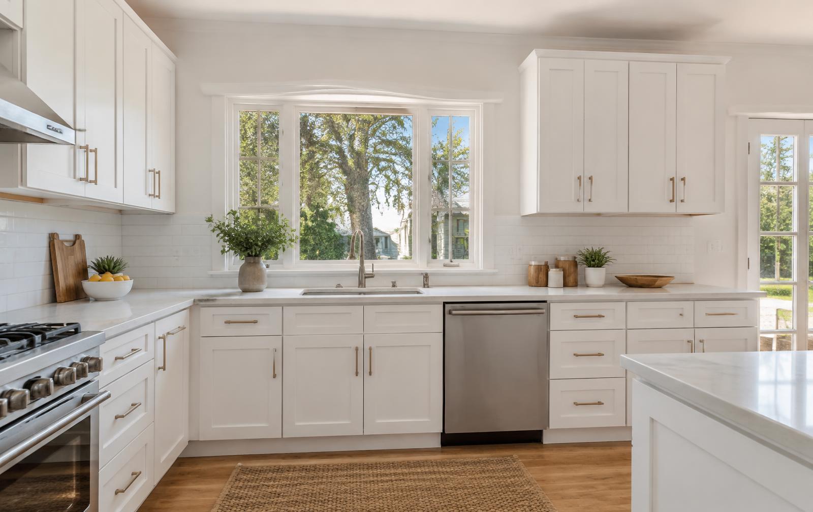 Clean, simple kitchen with updated hardware and uncluttered counters prepared for listing photos