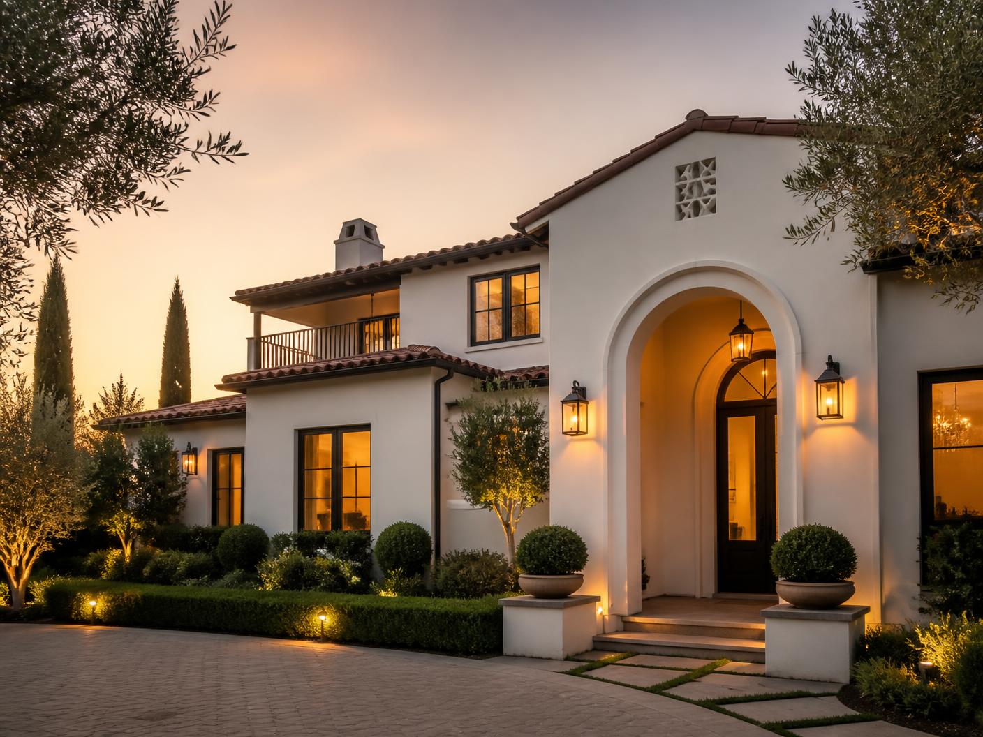 Orange County home exterior at golden hour with warm window light