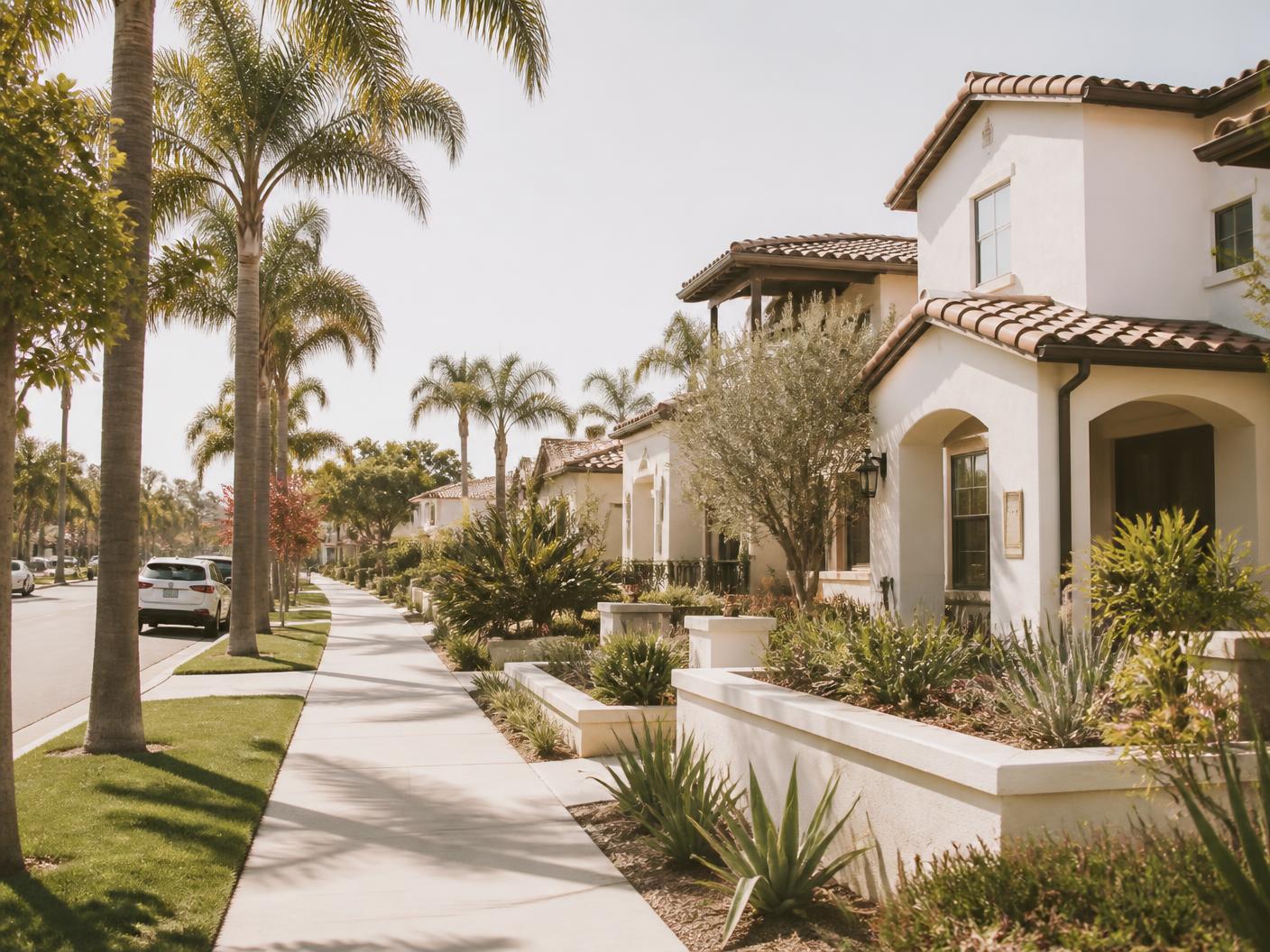 Palm-lined Orange County residential street in warm afternoon light