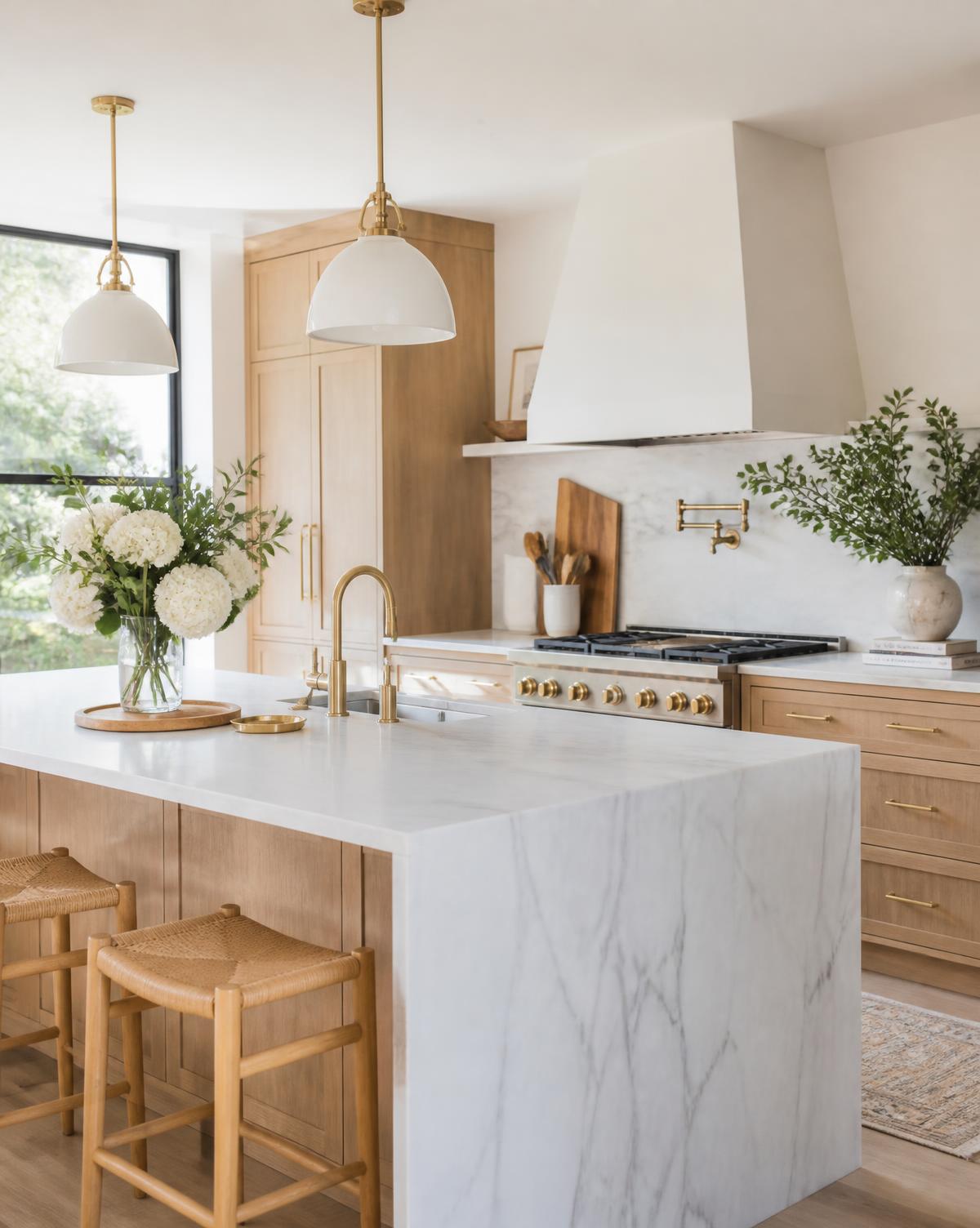 Bright kitchen detail with marble island
