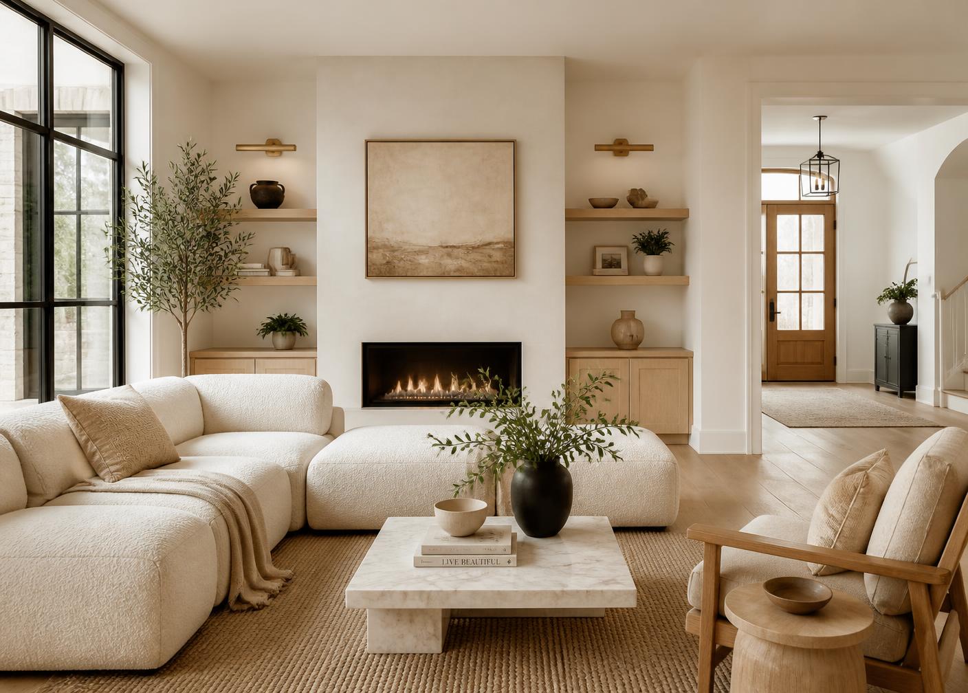 Warm minimalist living room styled for market