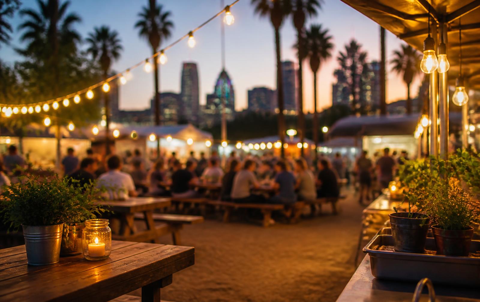 Evening outdoor food festival in a park with string lights, food stalls and picnic tables