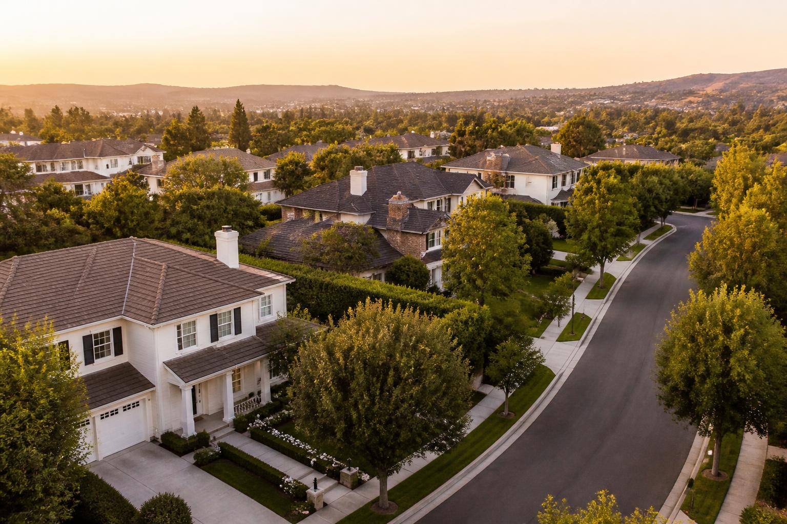 Aerial view of a sunlit Orange County residential street with elegant homes, mature trees, and rolling hills at golden hour