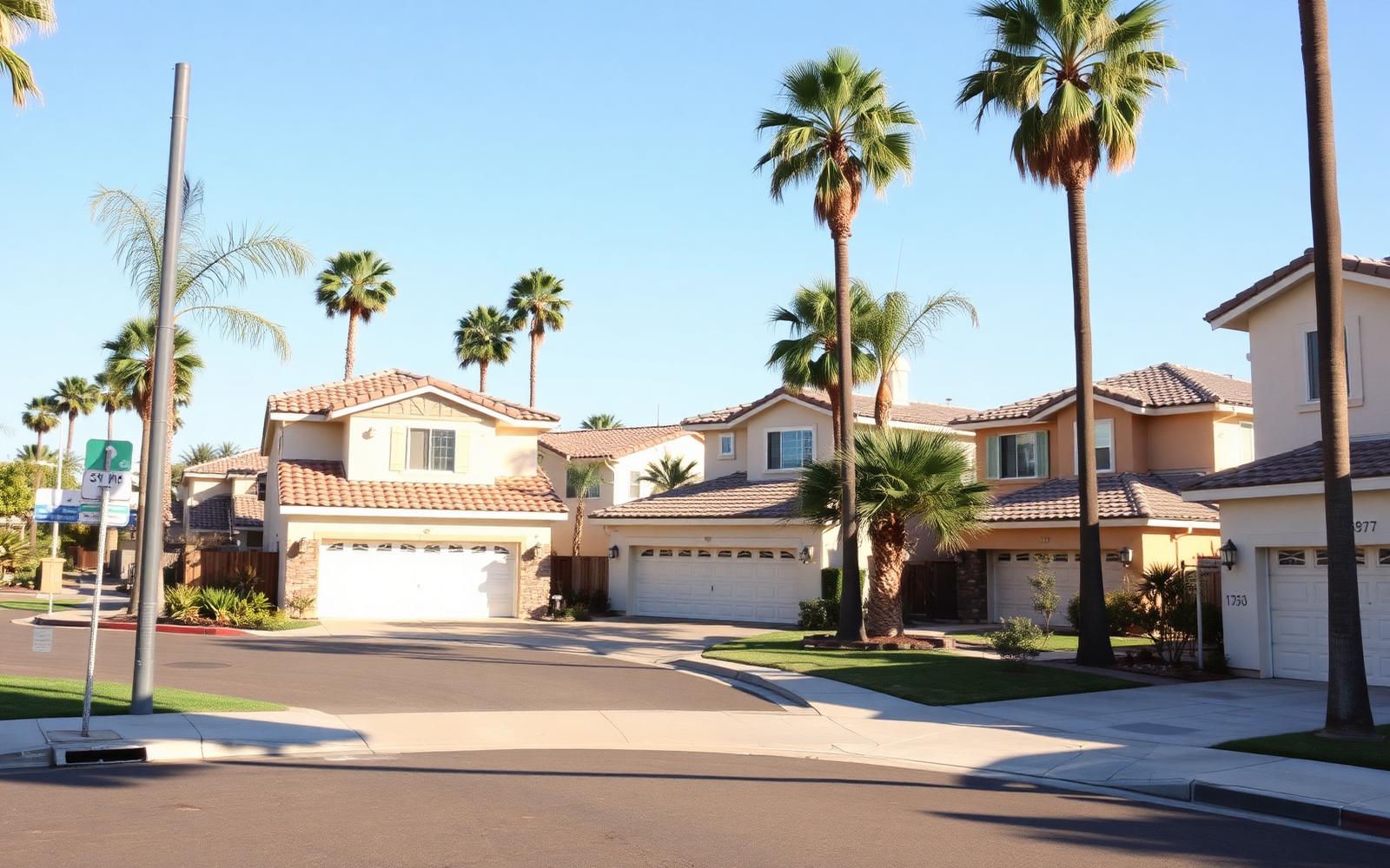 Inland Huntington Beach street of two-story tract homes with garages, driveways and palm trees