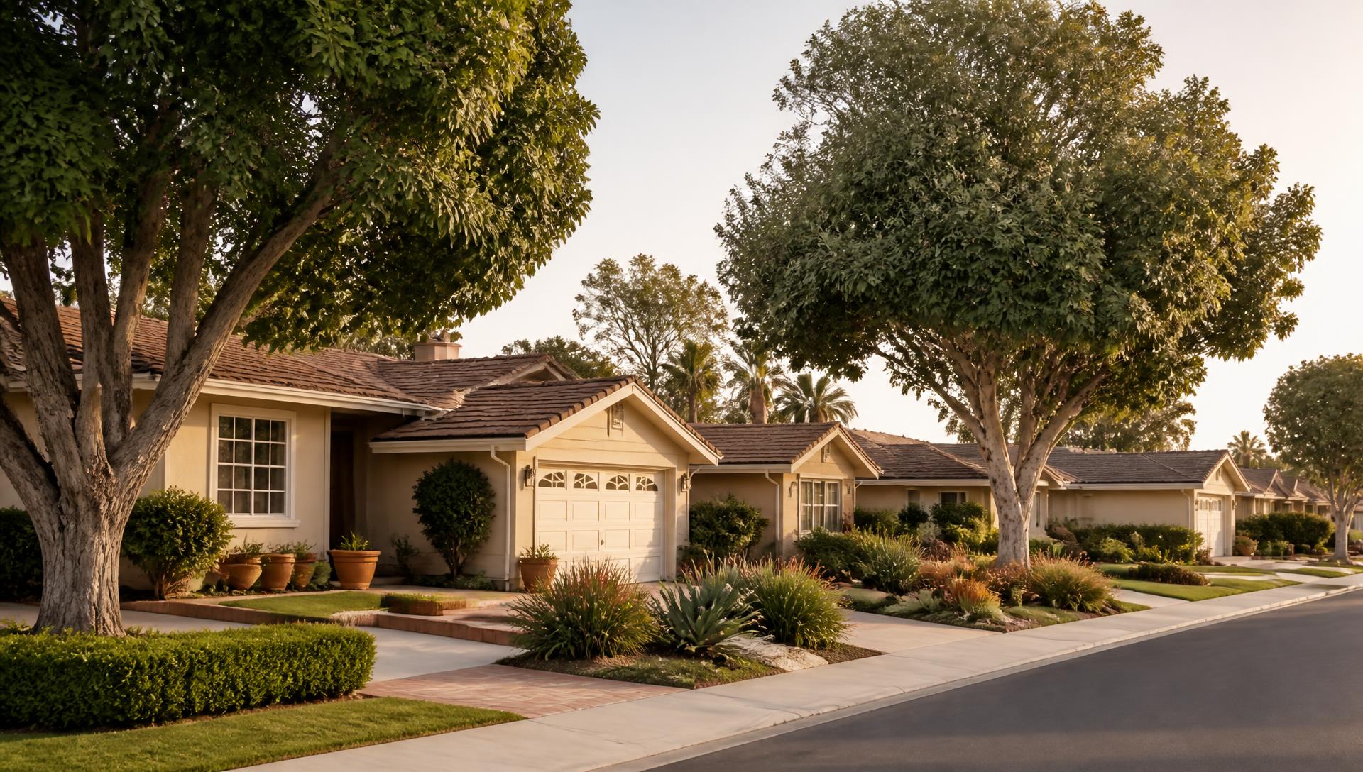 Tree-lined Westminster residential street with single-story homes in warm afternoon light